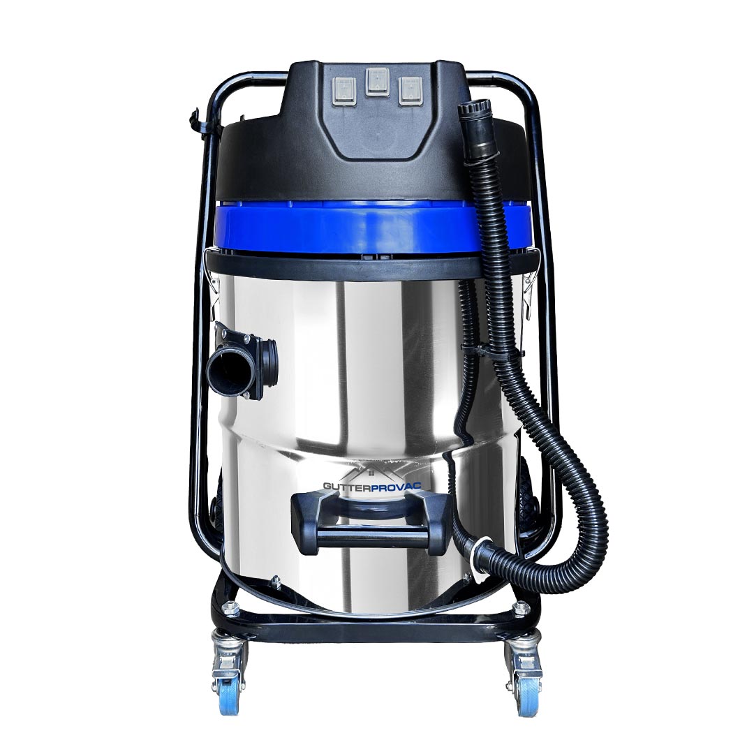 16-gallon residential GutterProVac vacuum with stainless steel body, black and blue motor head, and front caster wheels.